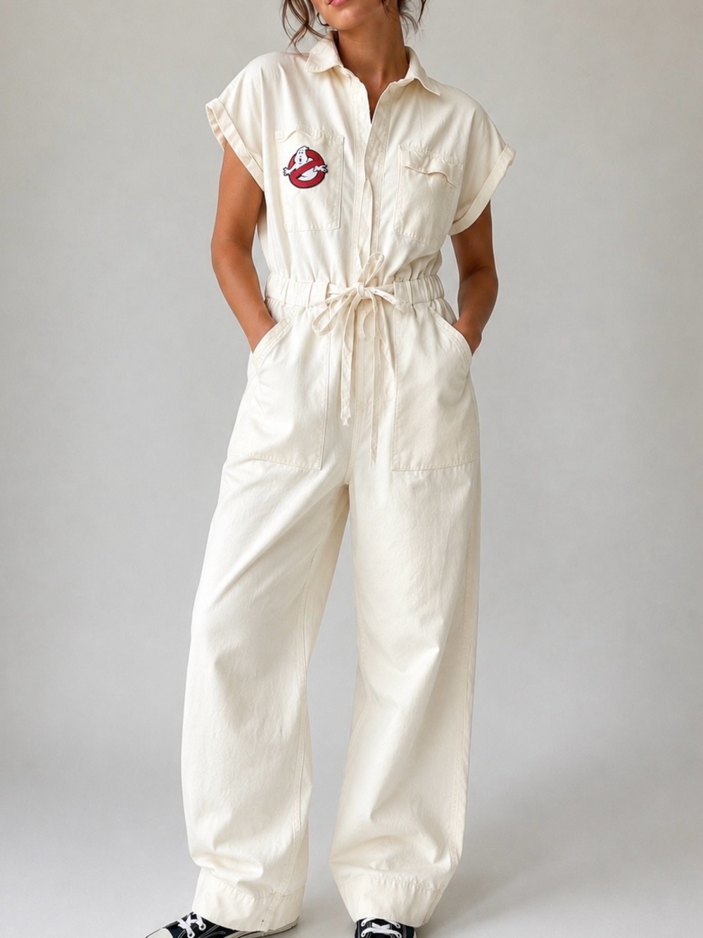 Universal Threads Ivory Linen Utility Jumpsuit Ghostbusters Patch Wide Leg Sz 2